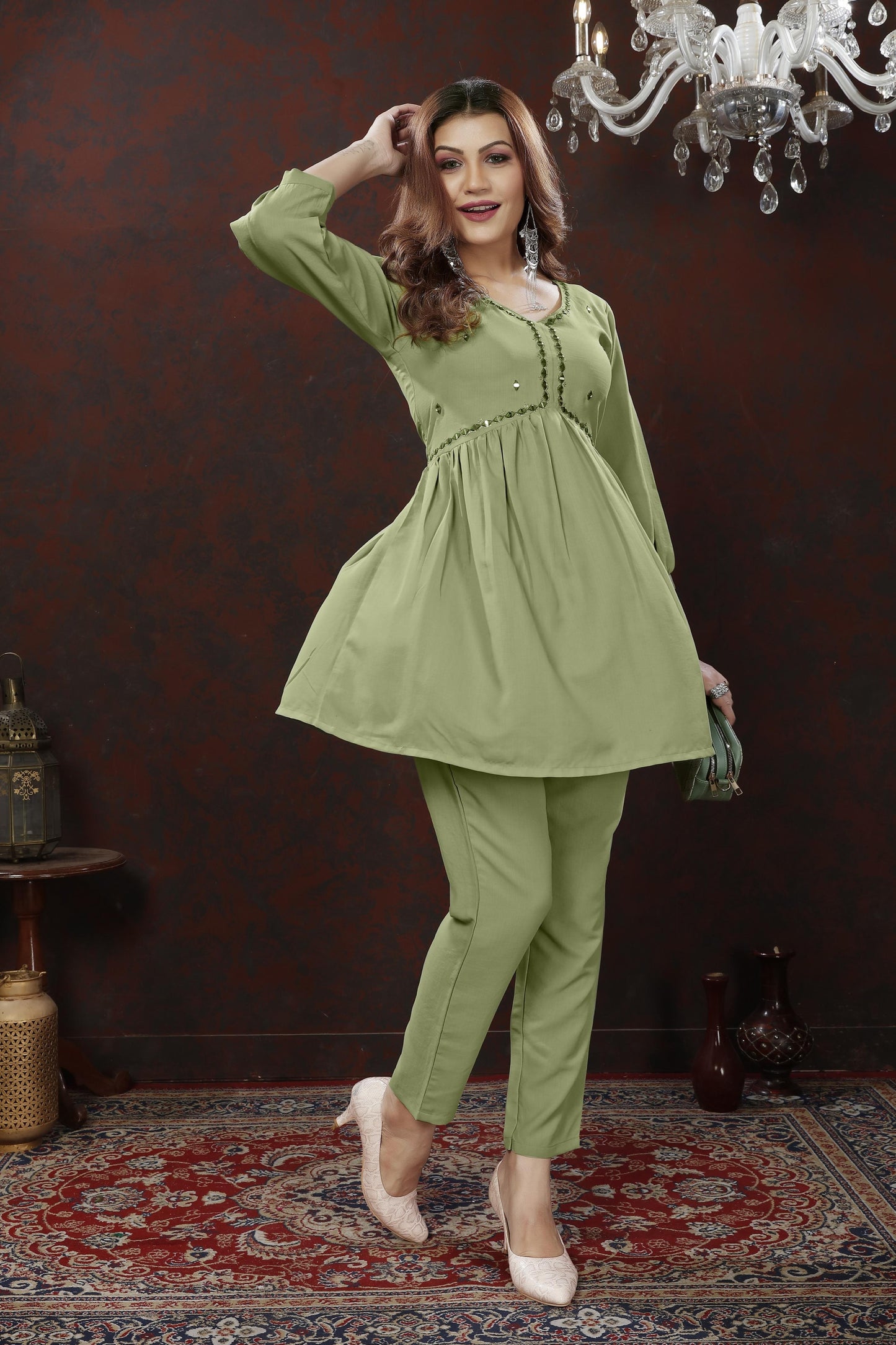 green embroidered cotton blend co ord set