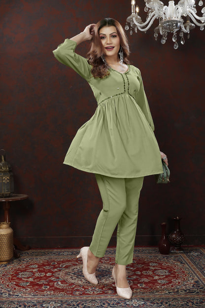 Green Embroidered Cotton Blend Co Ord Set