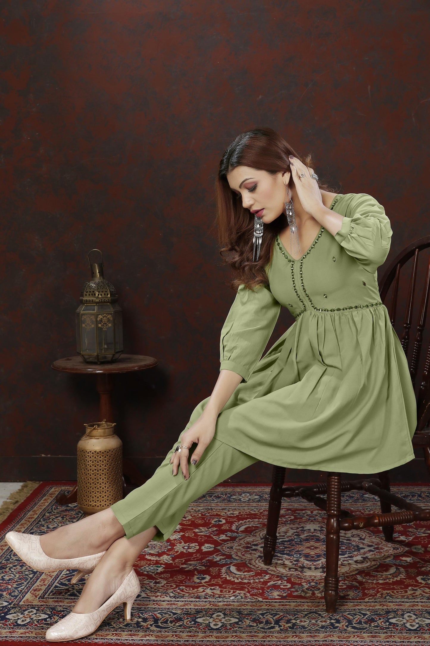 green embroidered cotton blend co ord set