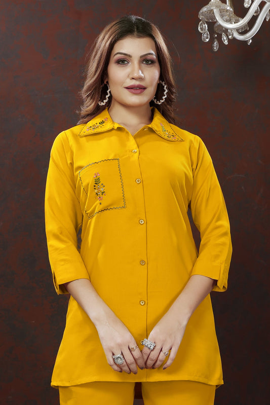 Yellow Embroidered Cotton Blend Co Ord Set