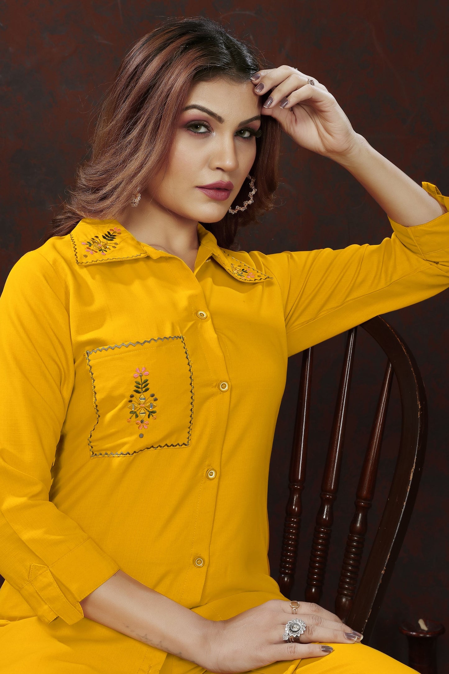 yellow embroidered cotton blend co ord set