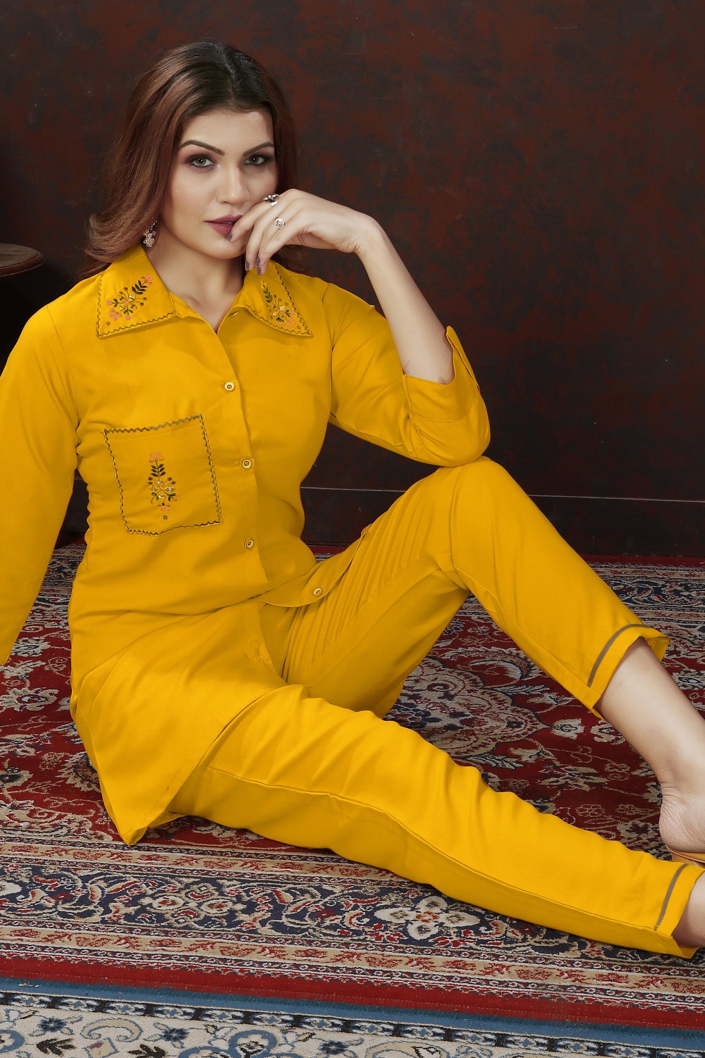 yellow embroidered cotton blend co ord set