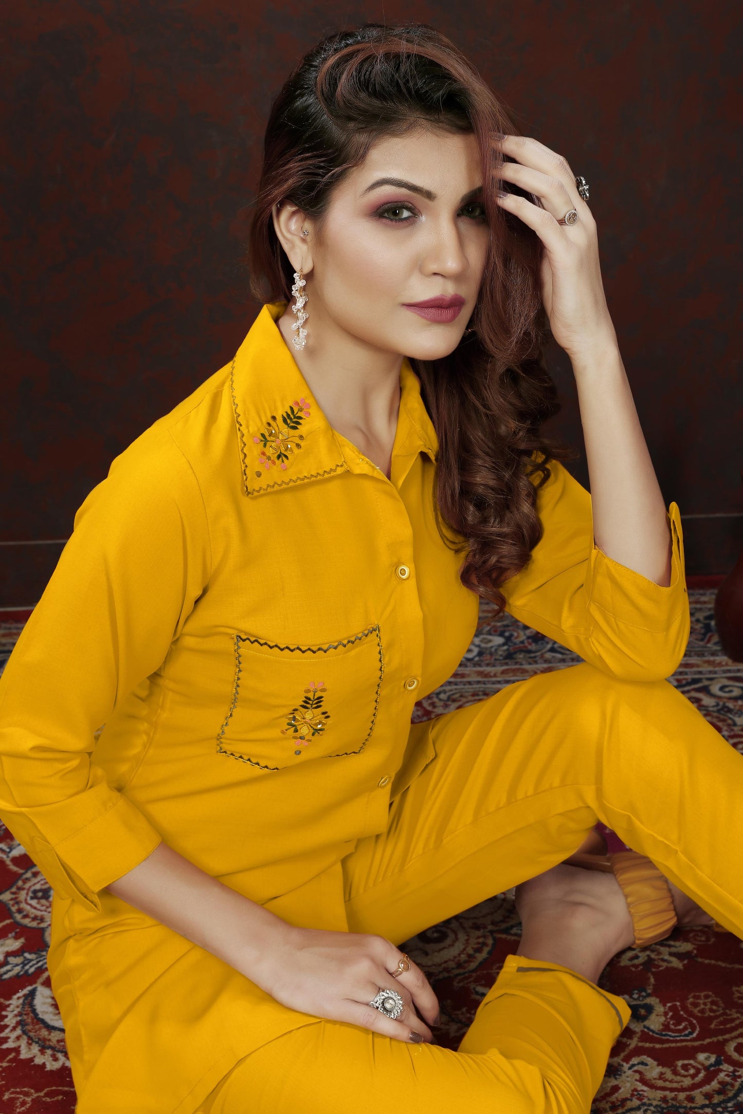 yellow embroidered cotton blend co ord set