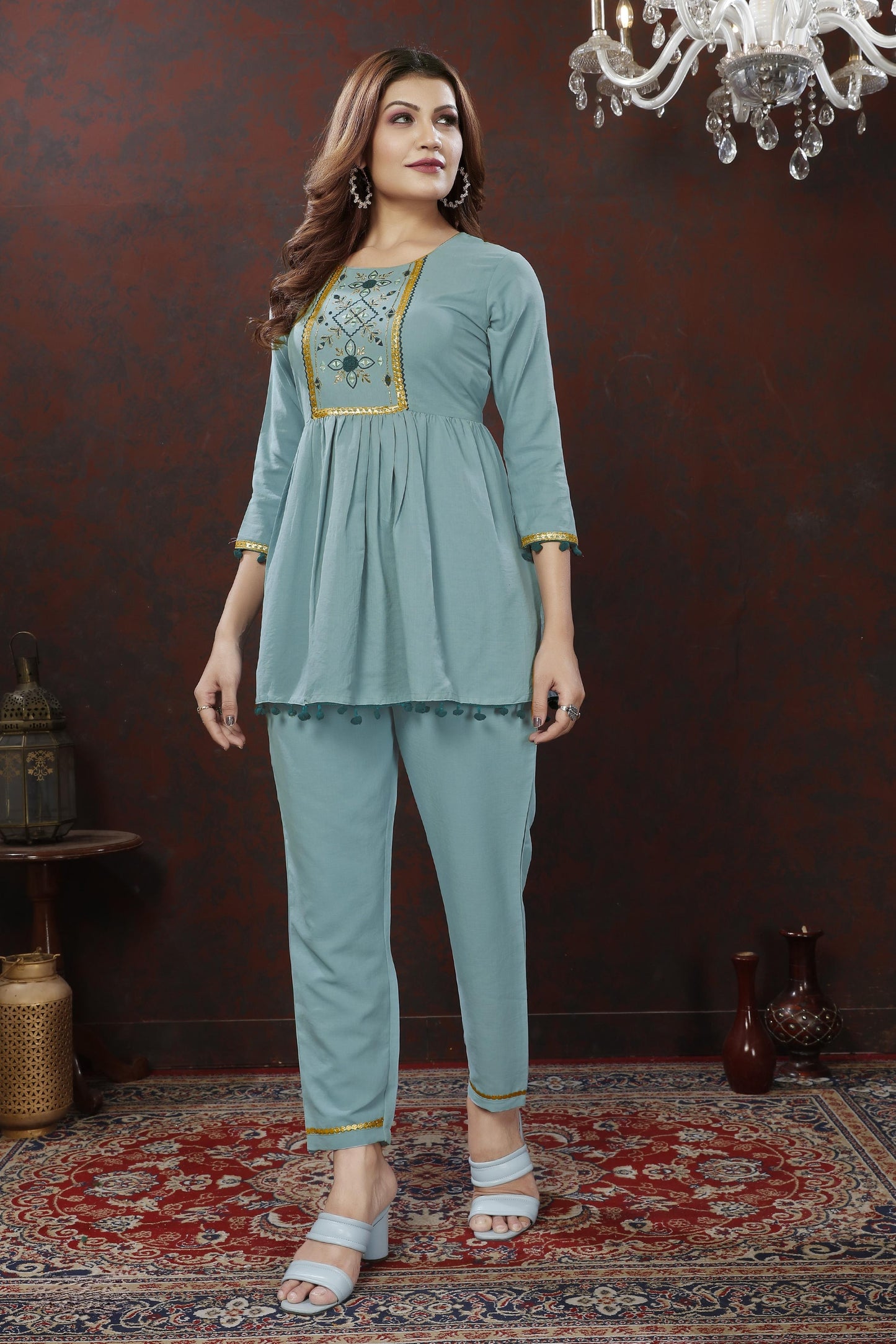 sky blue embroidered cotton blend co ord set