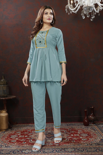 Sky Blue Embroidered Cotton Blend Co Ord Set