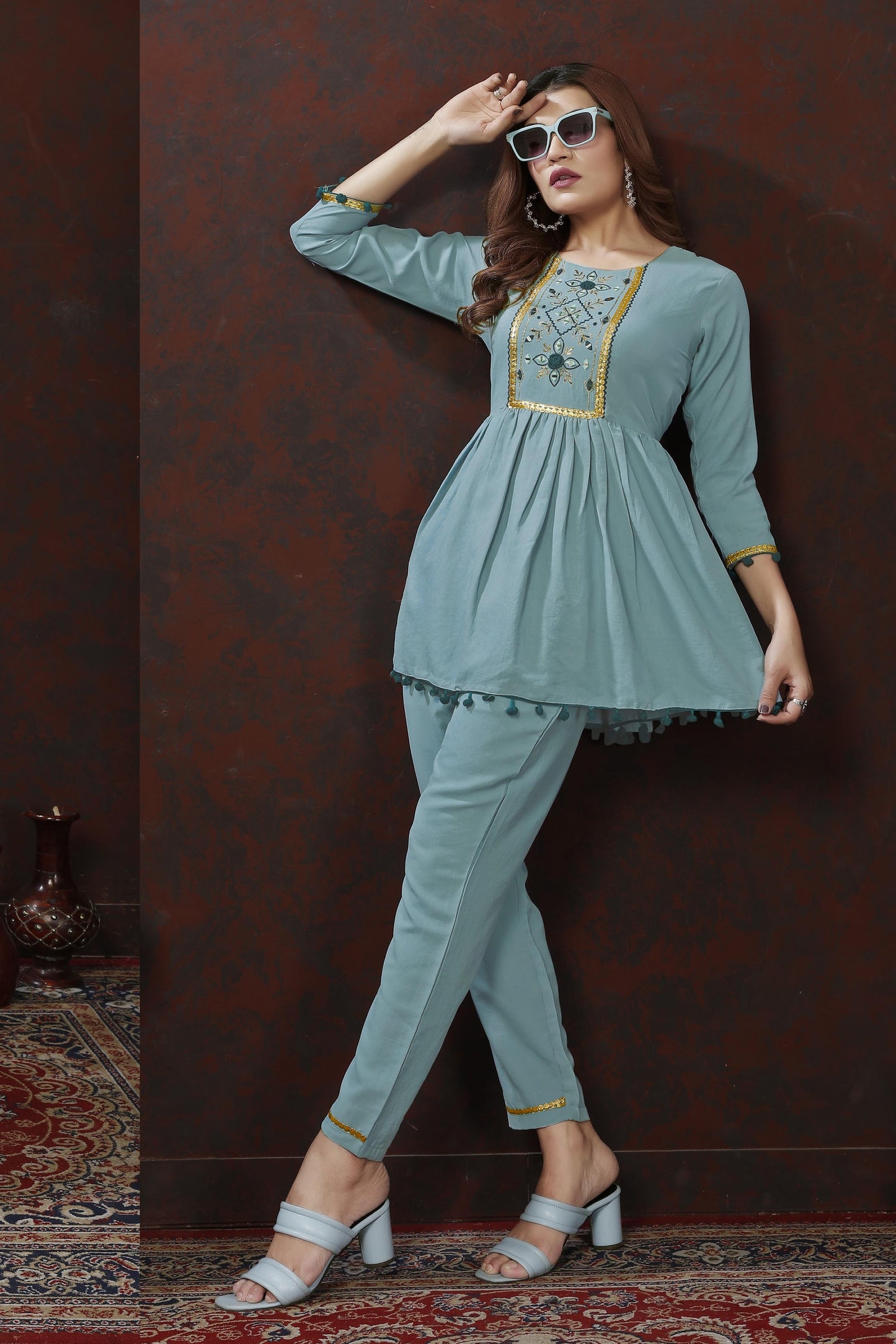 sky blue embroidered cotton blend co ord set