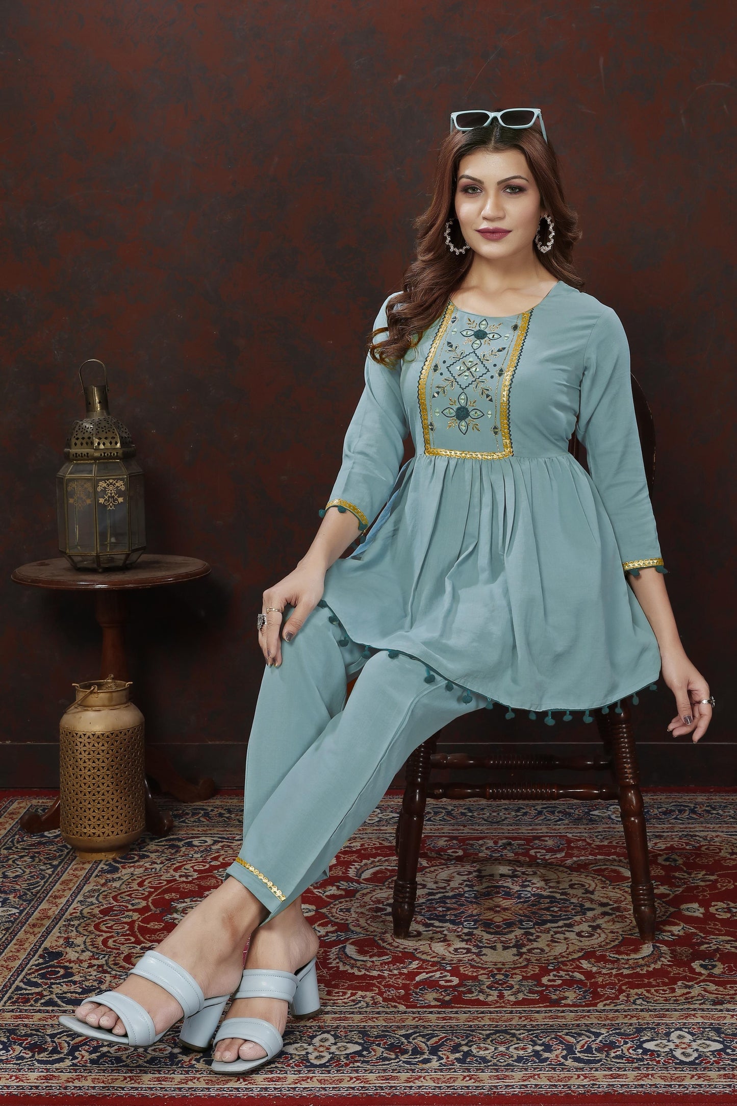 sky blue embroidered cotton blend co ord set