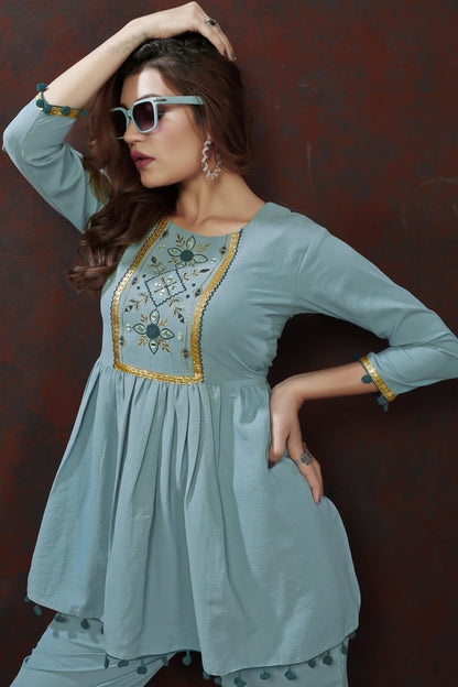 Sky Blue Embroidered Cotton Blend Co Ord Set