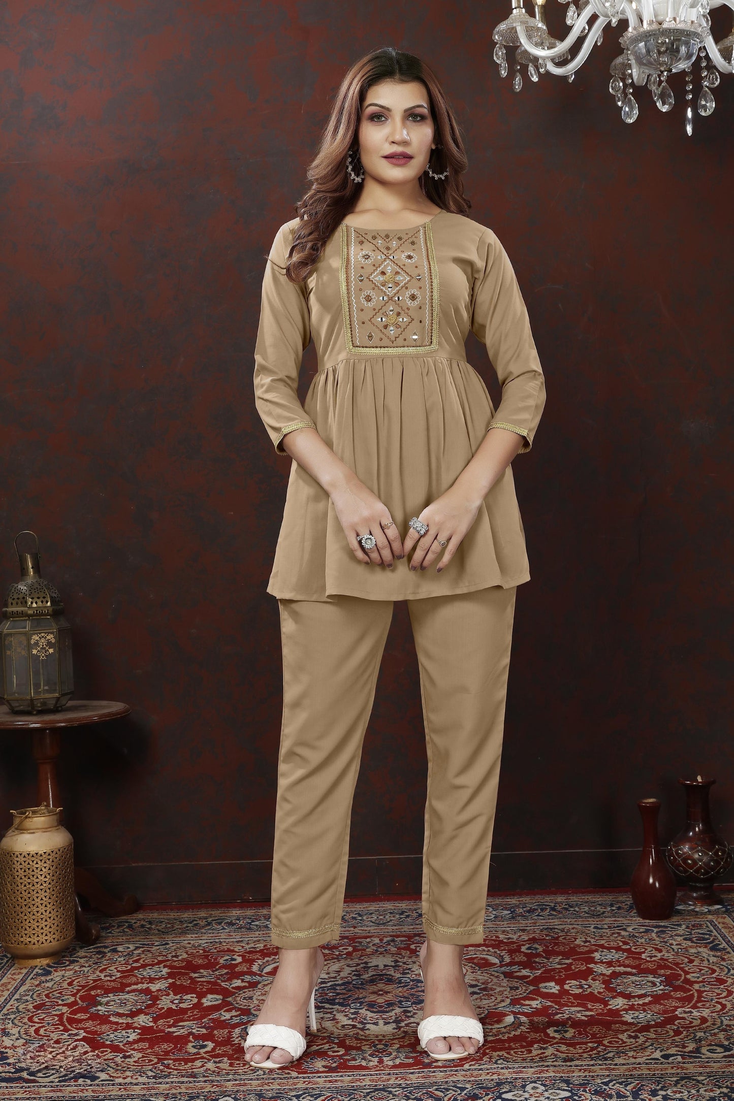 beige embroidered cotton blend co ord set