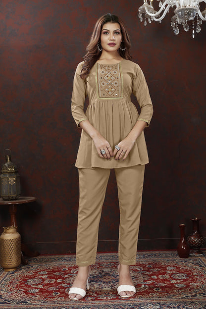 Beige Embroidered Cotton Blend Co Ord Set