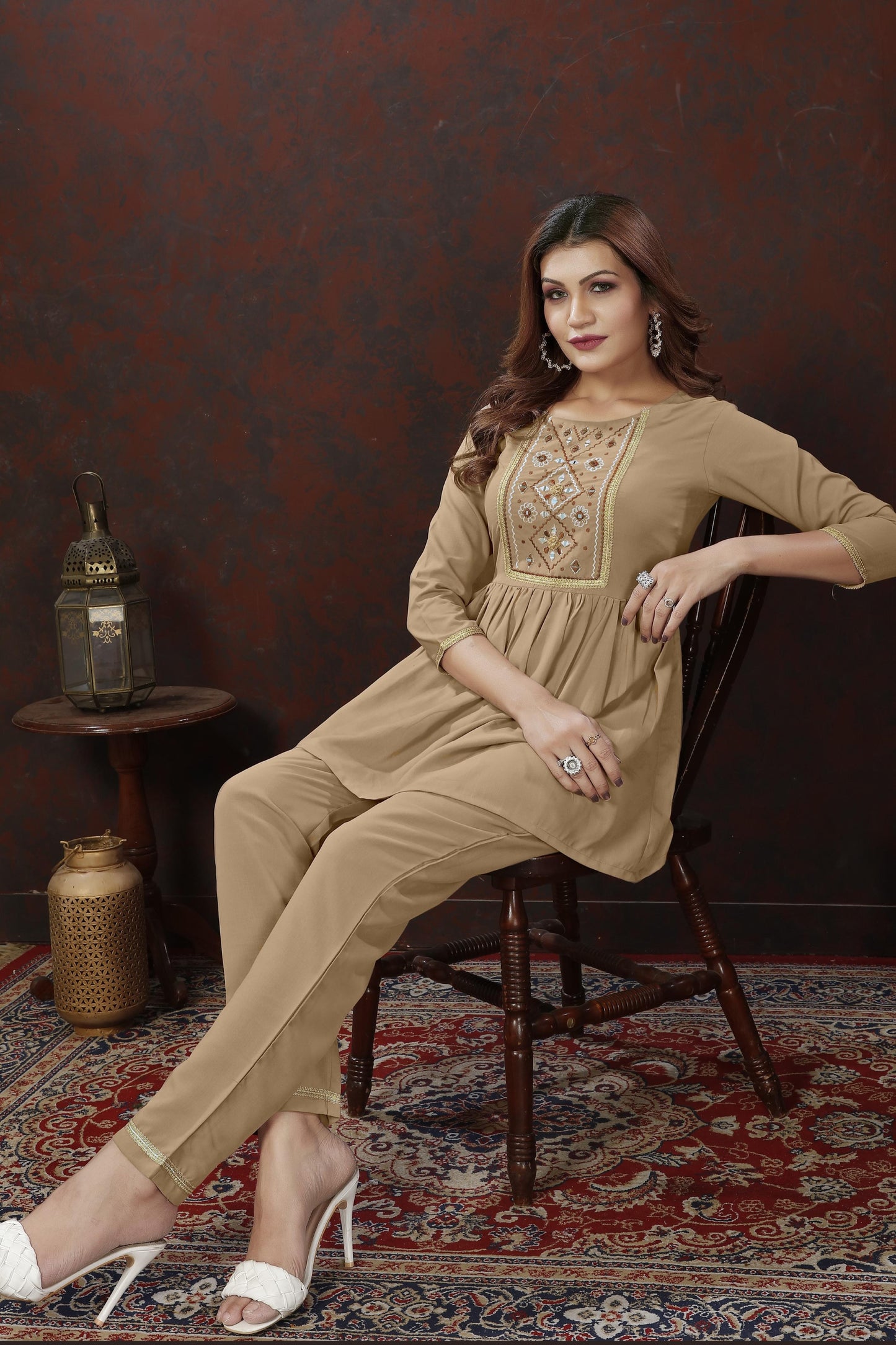 beige embroidered cotton blend co ord set