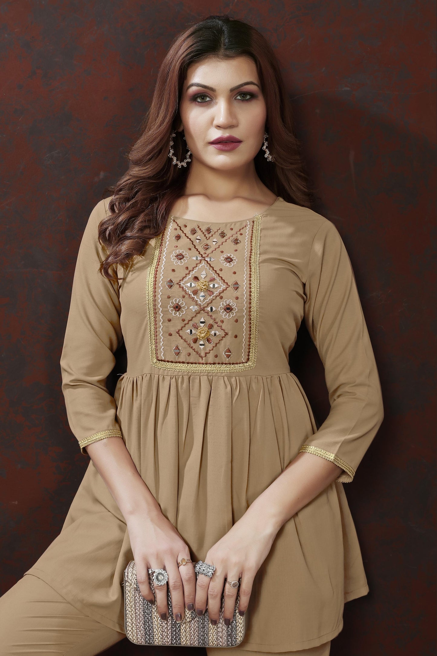 beige embroidered cotton blend co ord set
