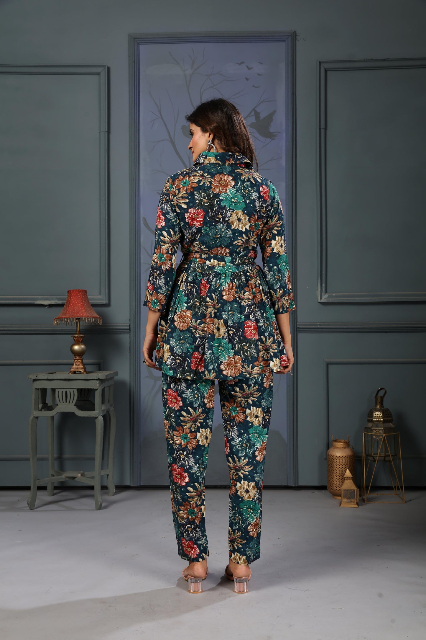 navy blue floral digital printed rayon co-ord set