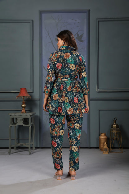 Navy Blue Floral Digital Printed Rayon Co-Ord Set