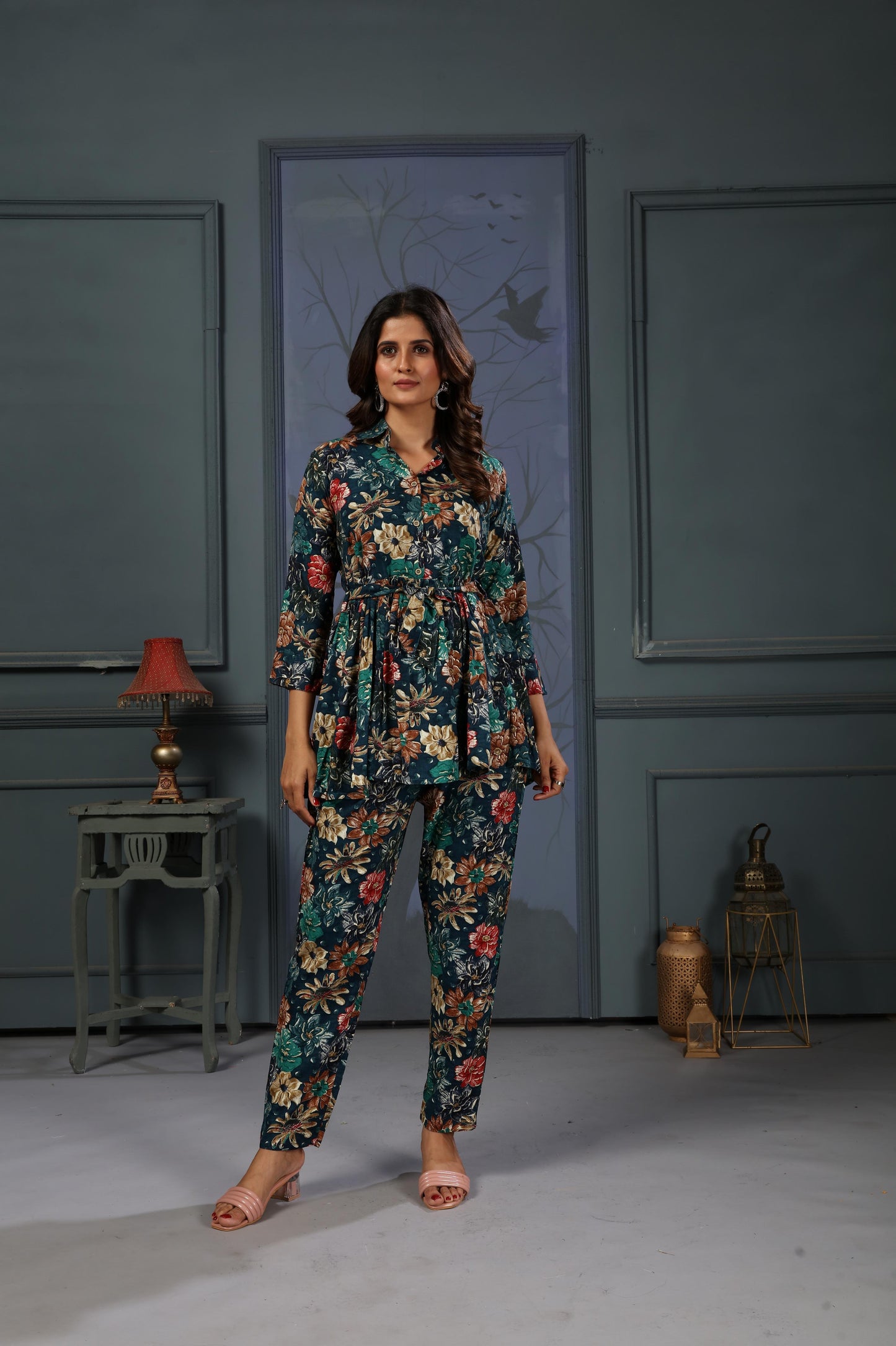 navy blue floral digital printed rayon co-ord set