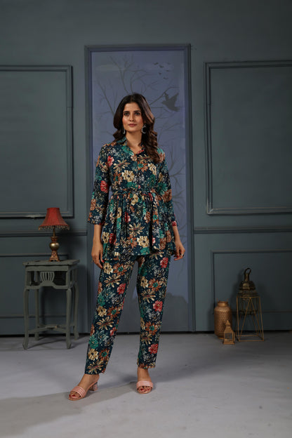 Navy Blue Floral Digital Printed Rayon Co-Ord Set