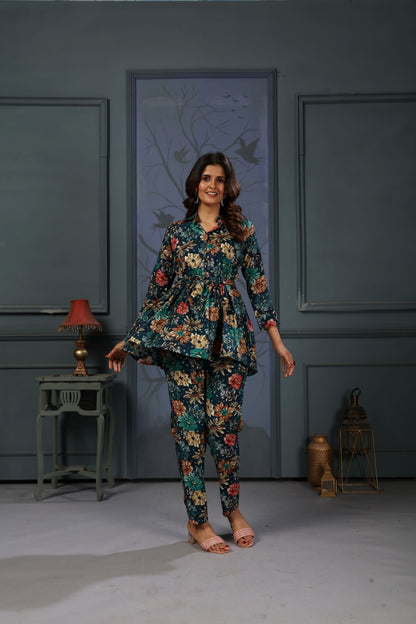 Navy Blue Floral Digital Printed Rayon Co-Ord Set