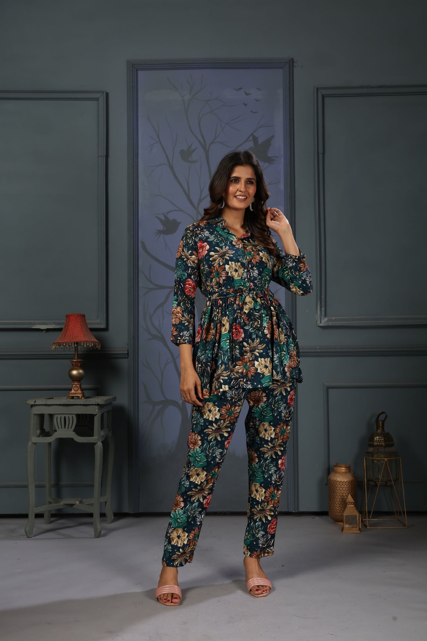 navy blue floral digital printed rayon co-ord set