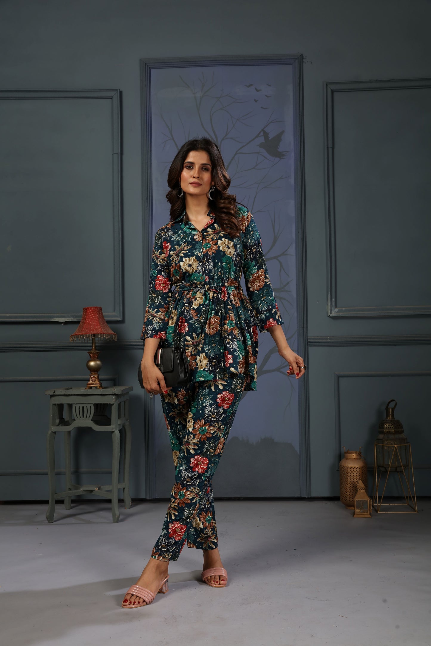 navy blue floral digital printed rayon co-ord set