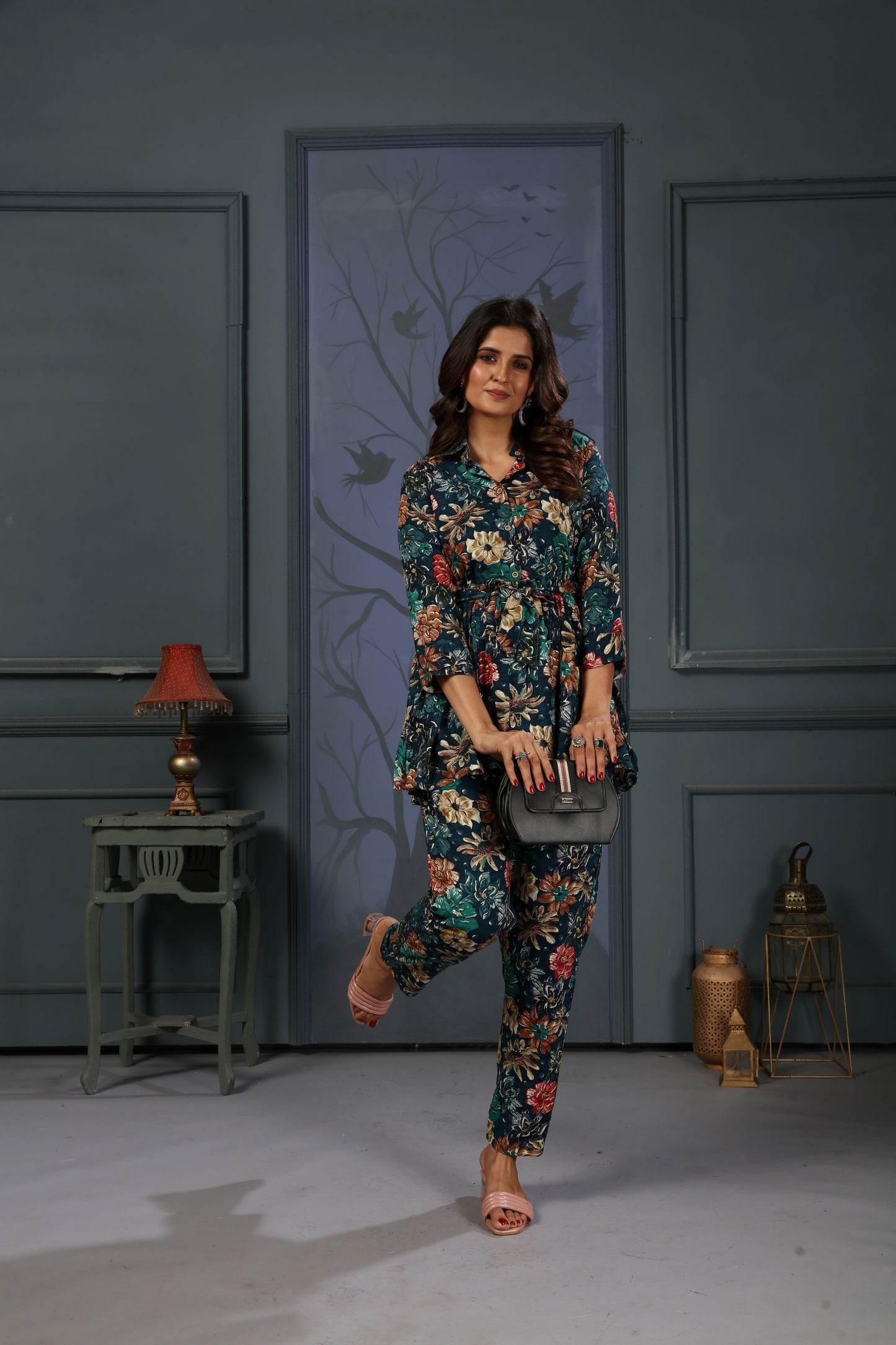 navy blue floral digital printed rayon co-ord set