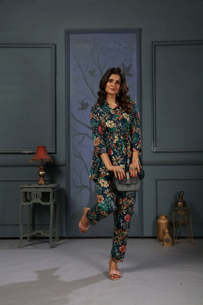 Navy Blue Floral Digital Printed Rayon Co-Ord Set