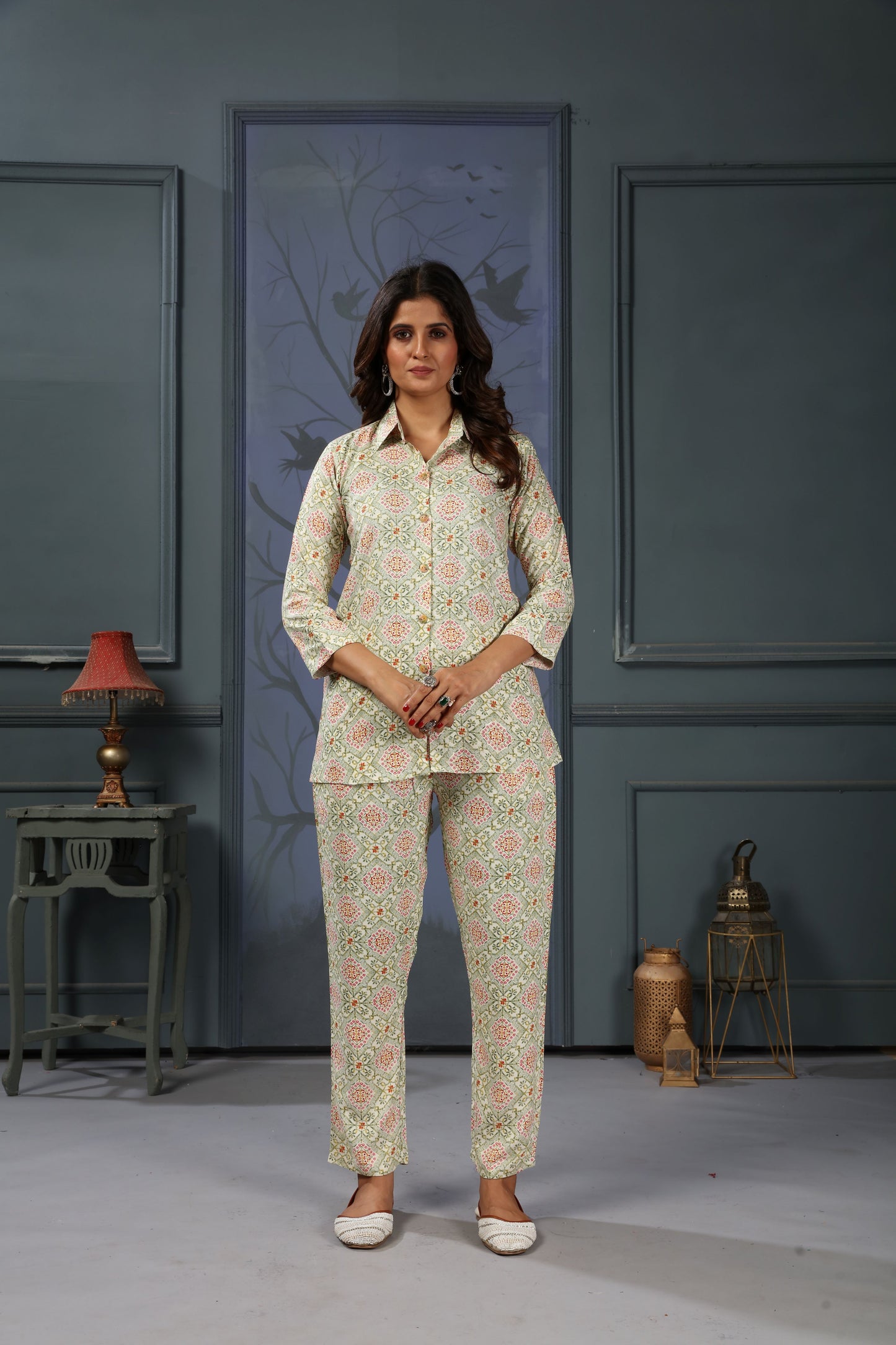 sage green floral digital printed rayon co-ord set