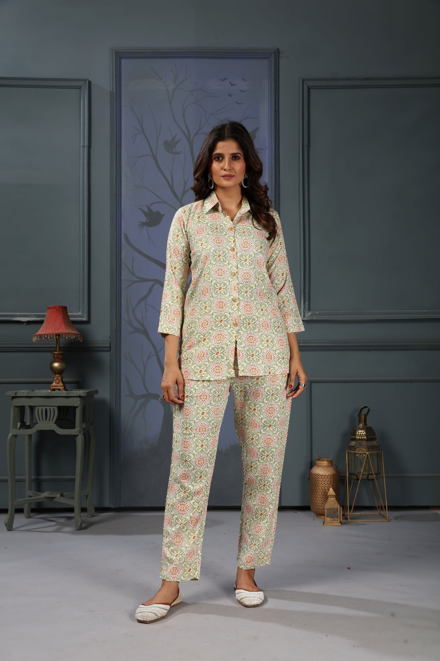 sage green floral digital printed rayon co-ord set