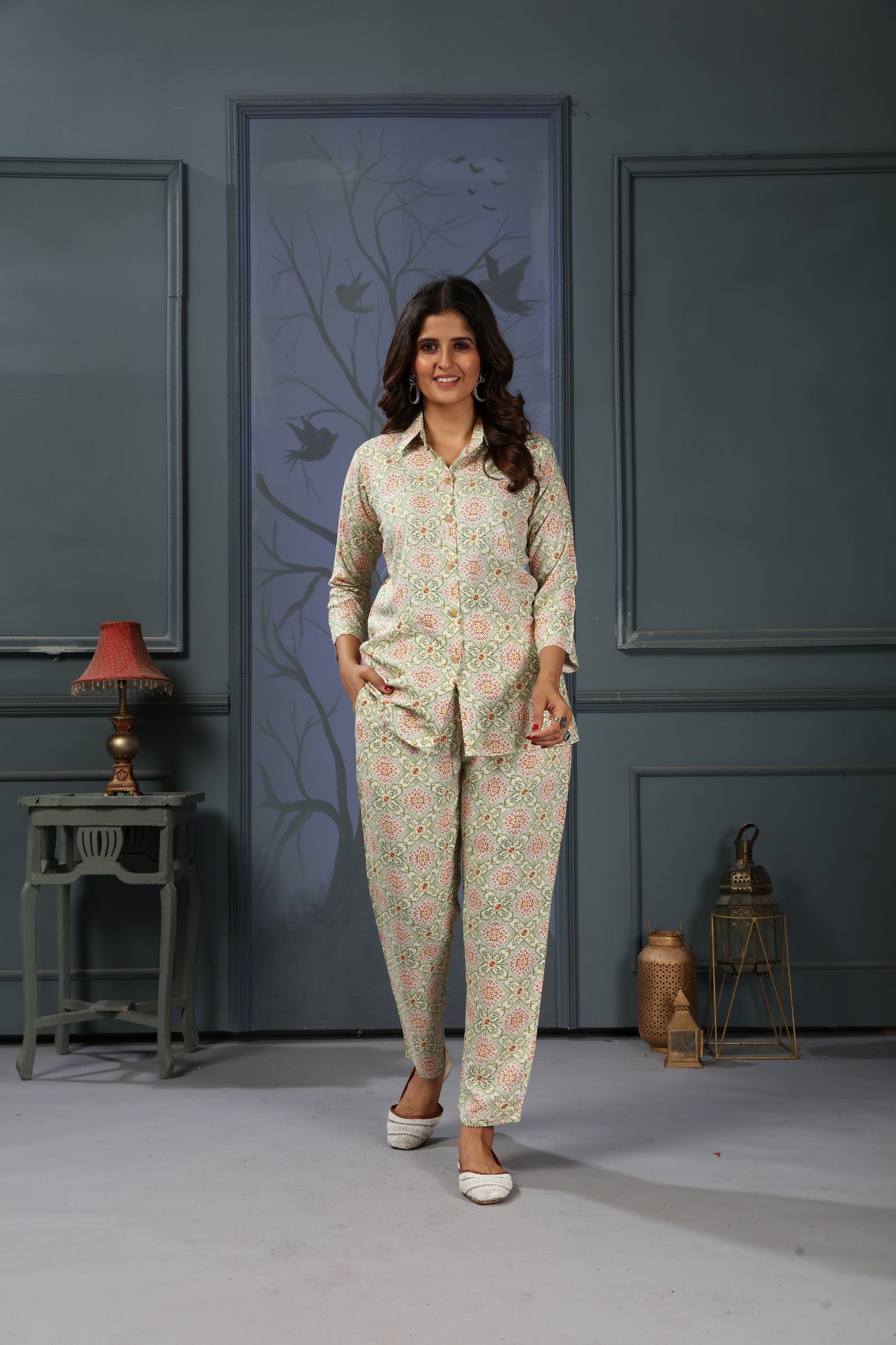 sage green floral digital printed rayon co-ord set
