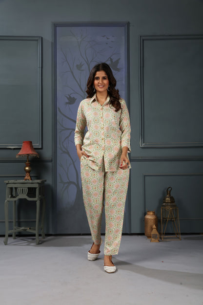 Sage Green Floral Digital Printed Rayon Co-Ord Set