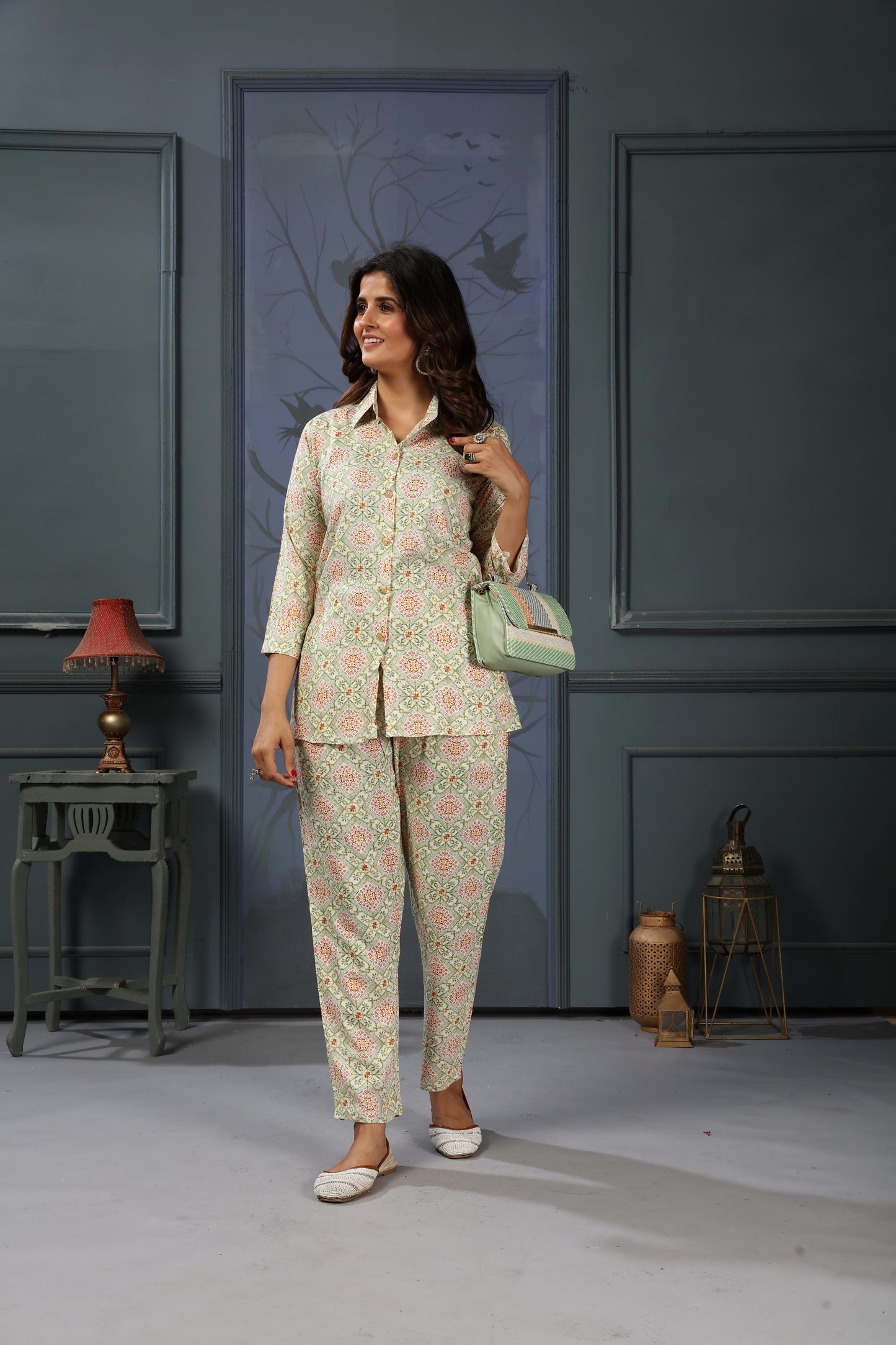 sage green floral digital printed rayon co-ord set