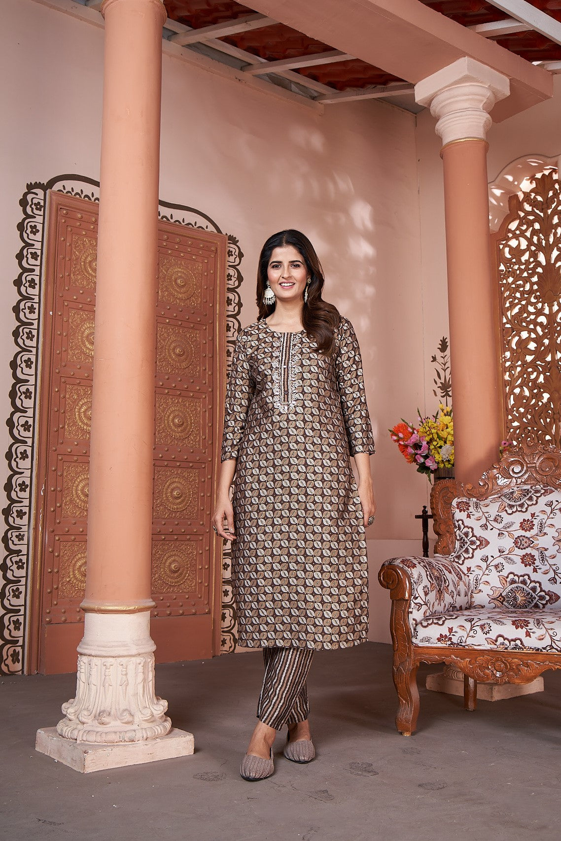 brown silk kurta set with pent