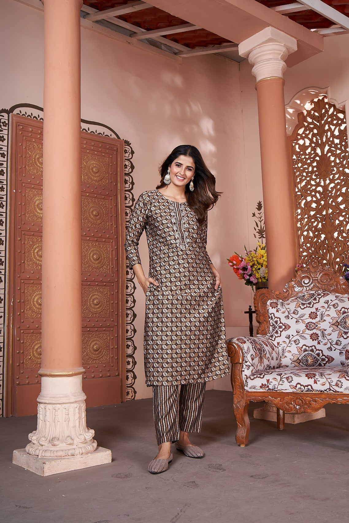 brown silk kurta set with pent