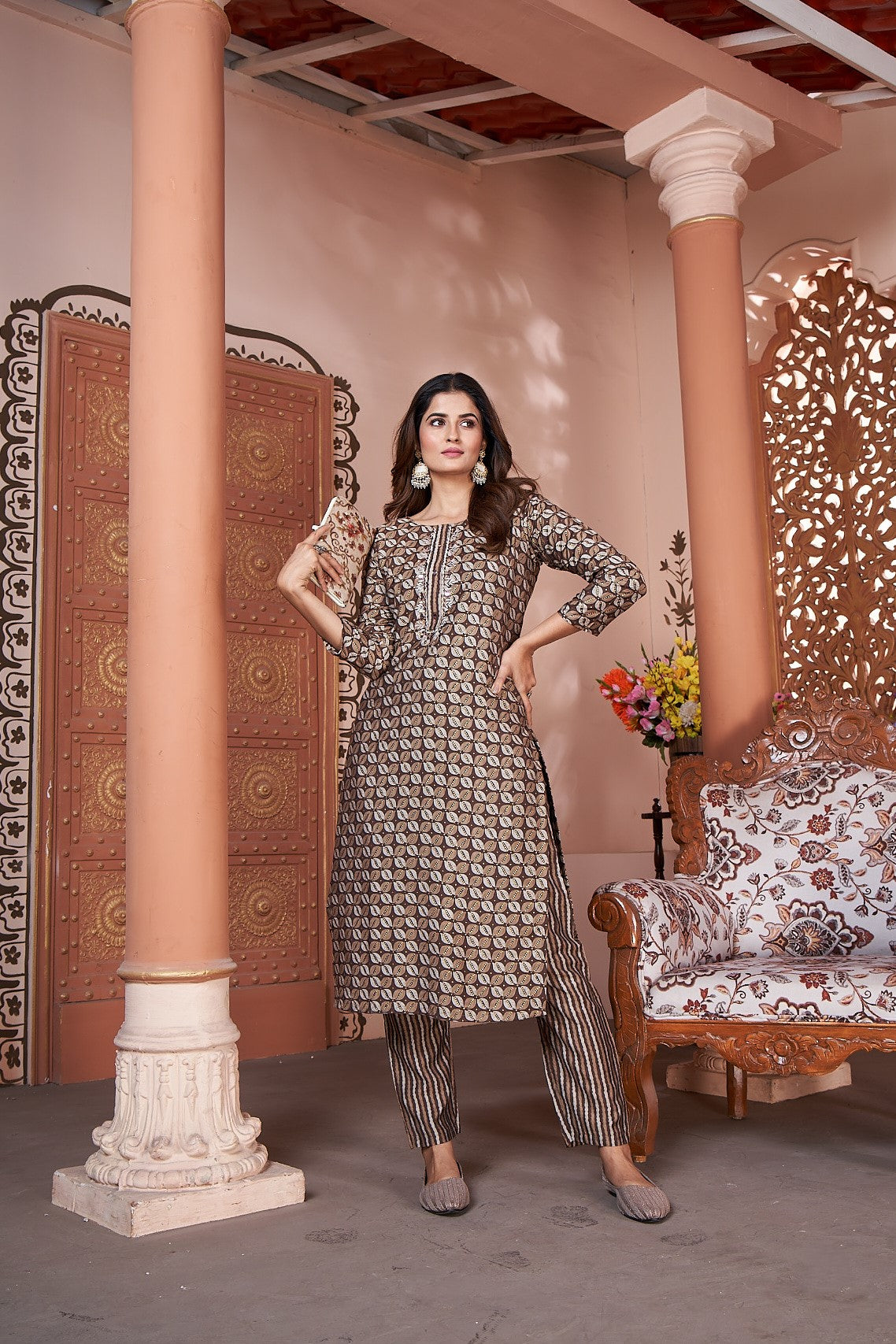 brown silk kurta set with pent