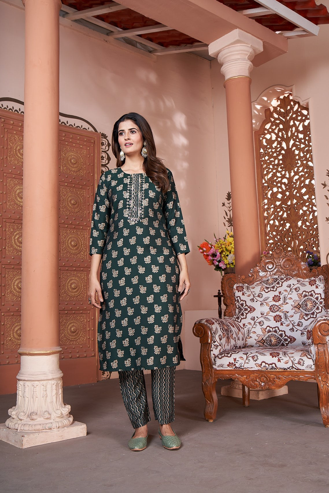 green silk kurta set with pent