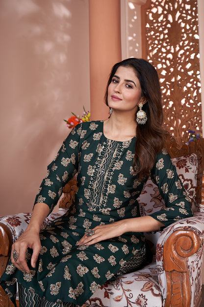 Green Silk Kurta Set With Pent