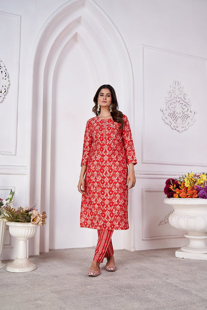 Red Foil Printed Viscose Straight Kurti Sets