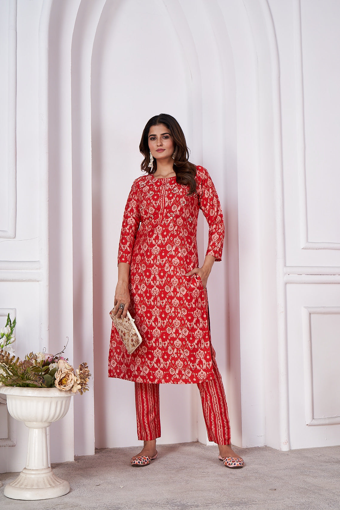 red foil printed viscose straight kurti sets