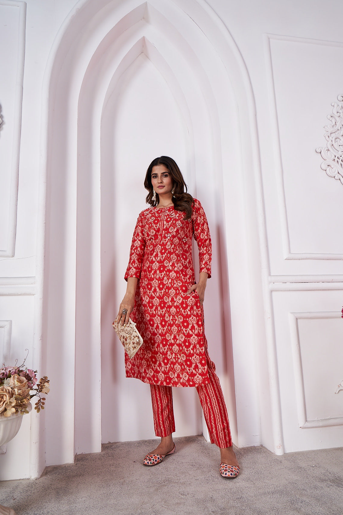 red foil printed viscose straight kurti sets