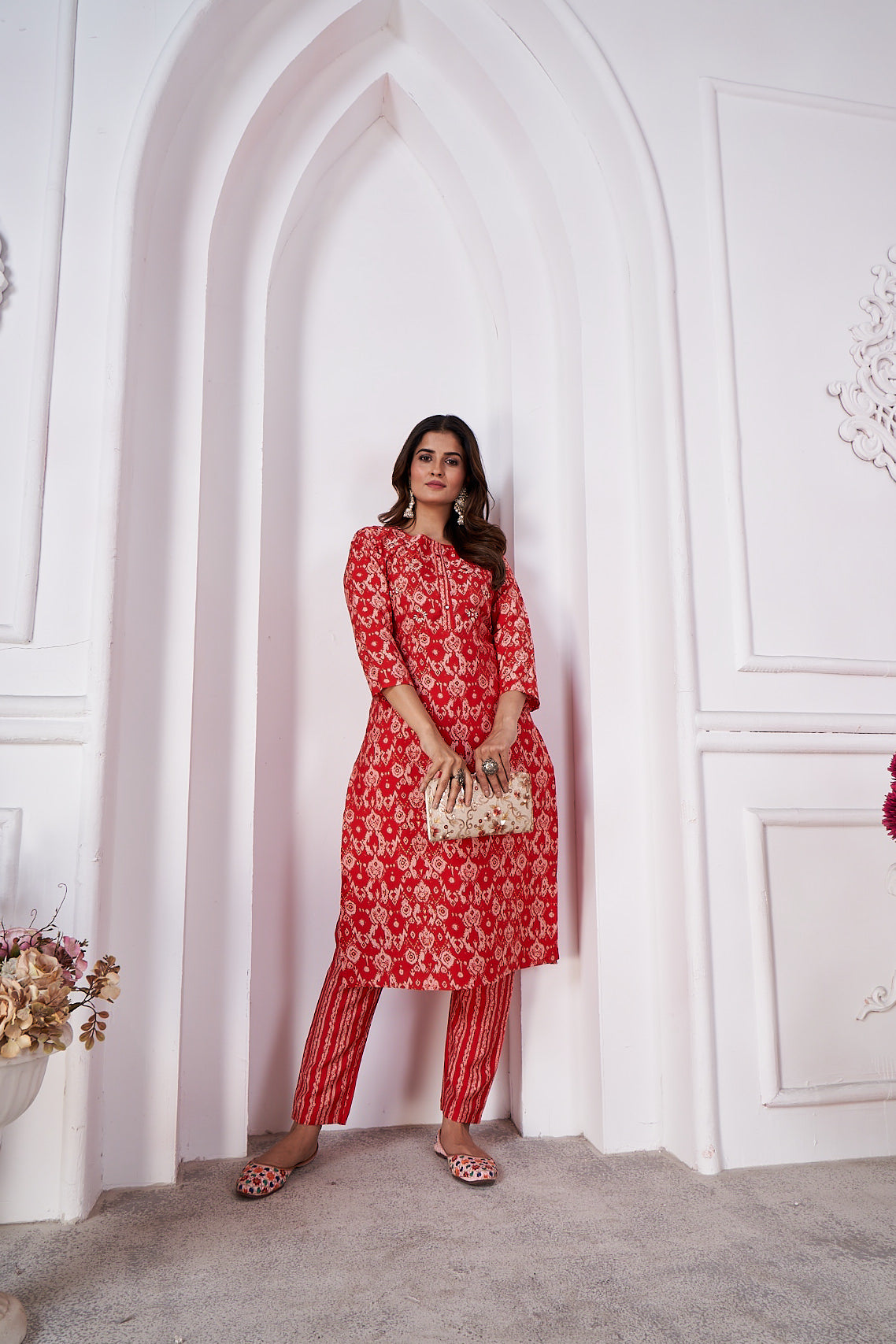 red foil printed viscose straight kurti sets