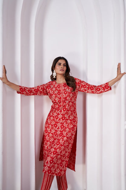 Red Foil Printed Viscose Straight Kurti Sets