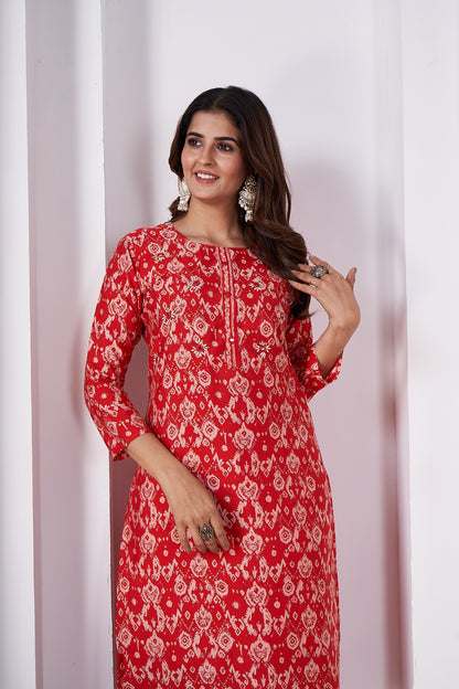 Red Foil Printed Viscose Straight Kurti Sets