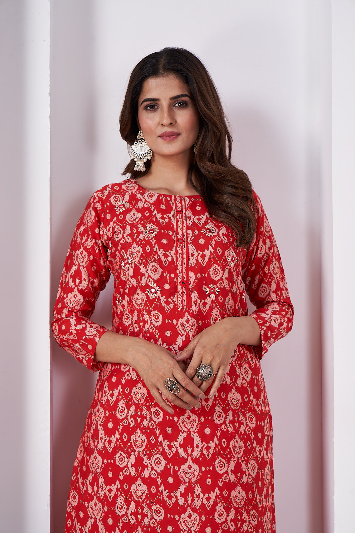 red foil printed viscose straight kurti sets