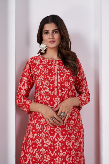 Red Foil Printed Viscose Straight Kurti Sets