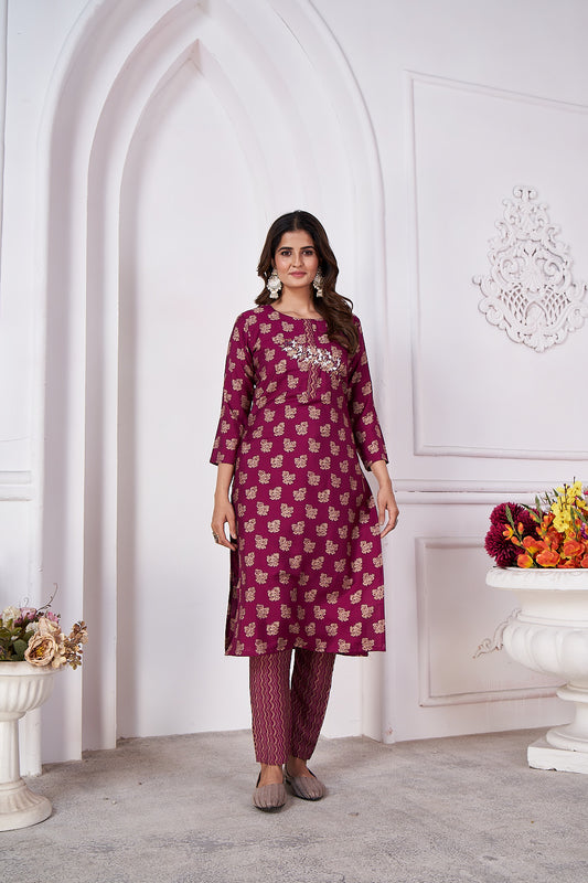 Purple Foil Printed Viscose Straight Kurti Sets