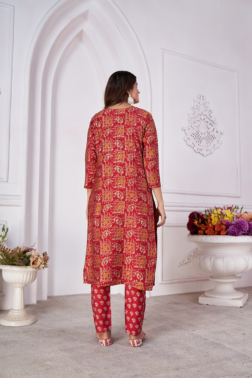maroon foil printed viscose straight kurti sets