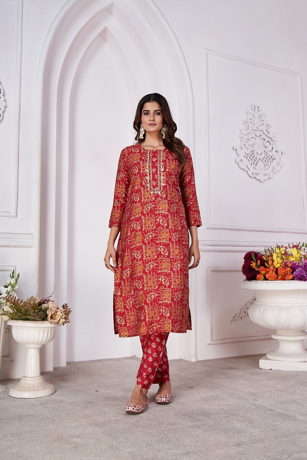 maroon foil printed viscose straight kurti sets