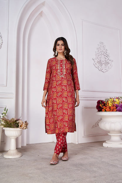 Maroon Foil Printed Viscose Straight Kurti Sets