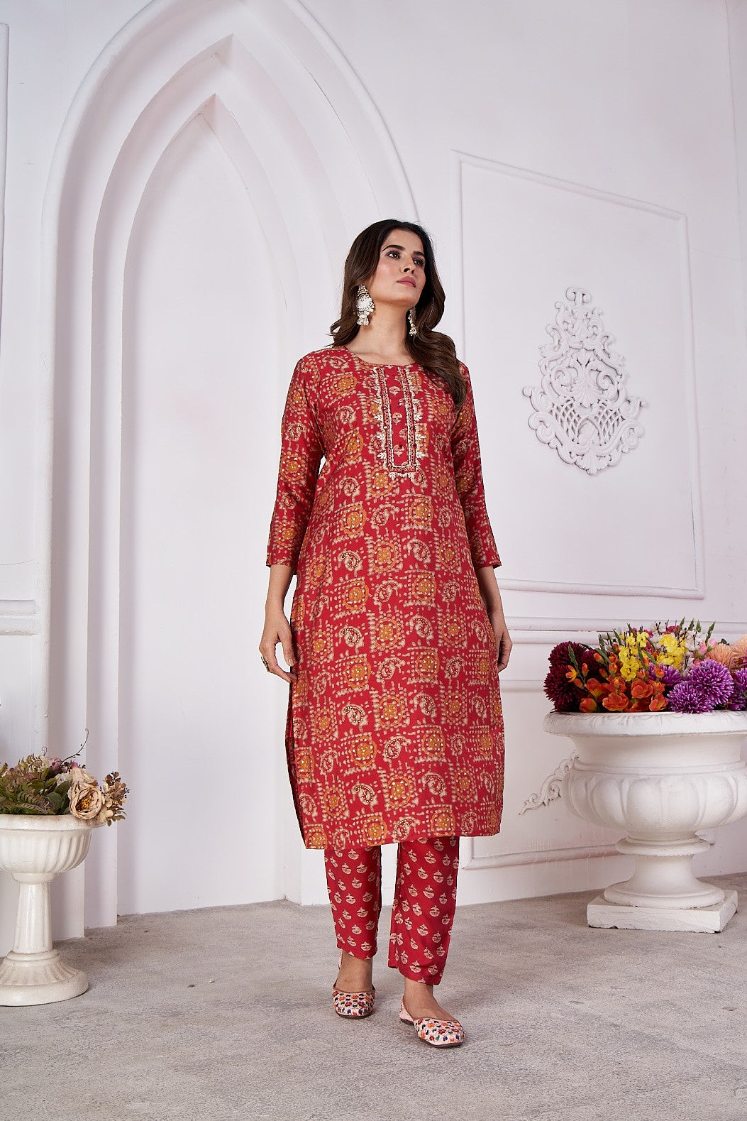maroon foil printed viscose straight kurti sets