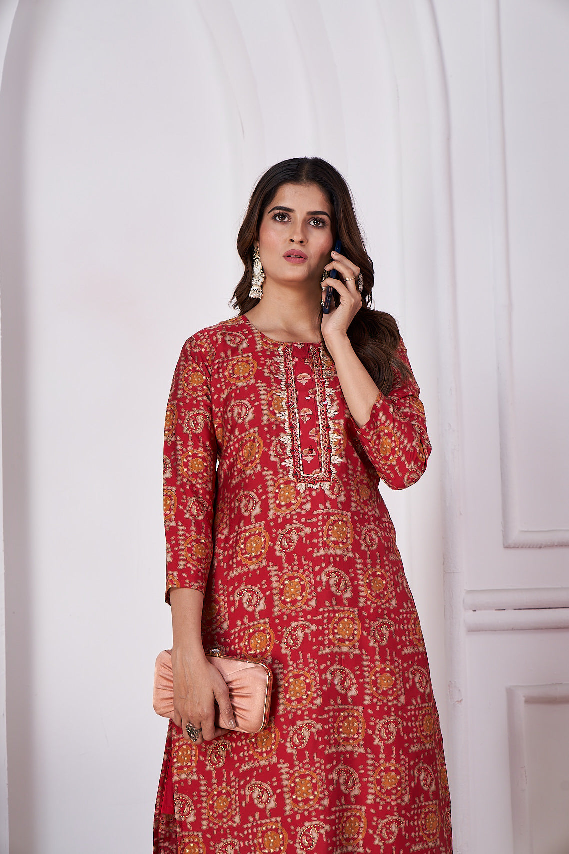 maroon foil printed viscose straight kurti sets