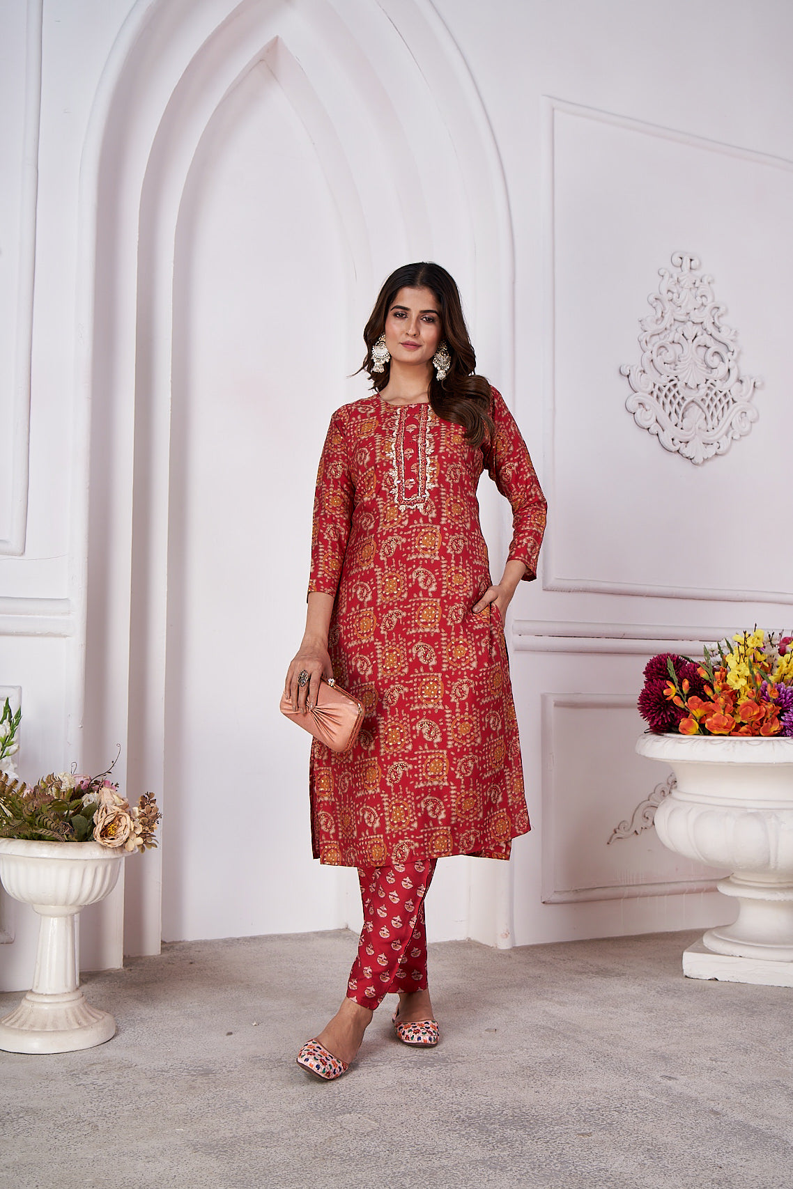 maroon foil printed viscose straight kurti sets